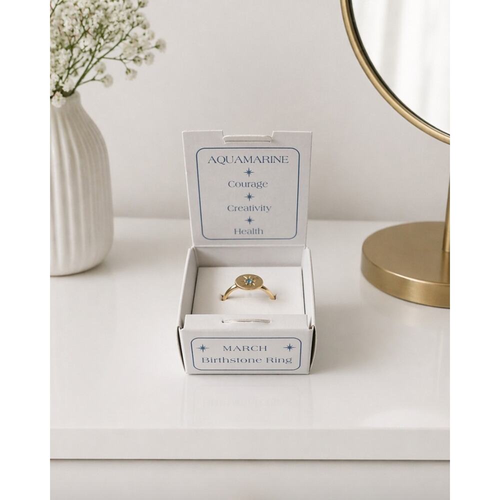 Lucky Feather March Birthstone Adjustable Ring New